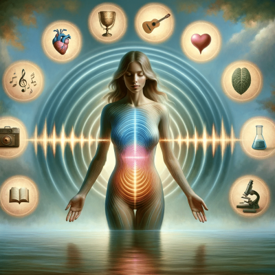 DALL·E 2023-12-25 08.14.43 - A surreal image depicting a woman with frequency waves horizontally emanating from her belly button, representing her inner strengths. The frequency p